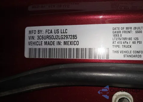 2020 Ram 2500 Big Horn 4X4 6'4 Box z USA, uszkodzony, nr VIN 3C6UR5DJ2LG297285